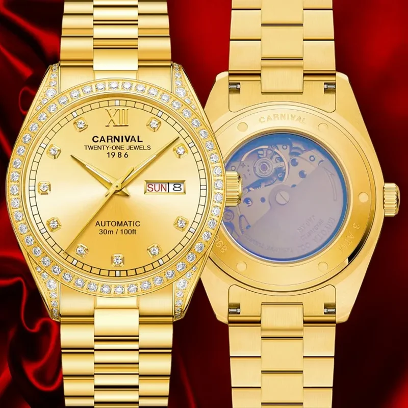 CARNIVAL Luxury Gold Watches for Man High End Japan MIYOTA Automatic Watch Day and Date Display Sapphire Mechanical Wristwatches