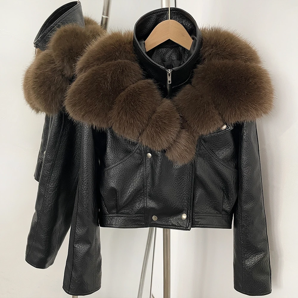 Women's Faux Fur Coat Woman Clothing PU Leather Jacket Cropped Moto Biker Fluffy Fur Coat Female Vintage Faux Leather Coat