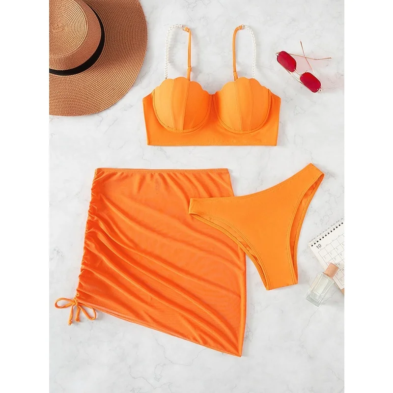 女性水着 3 点ビキニセット固体分割セクシーなプッシュアップビキニ巾着メッシュカバーアップ女性水泳夏のビーチウェア