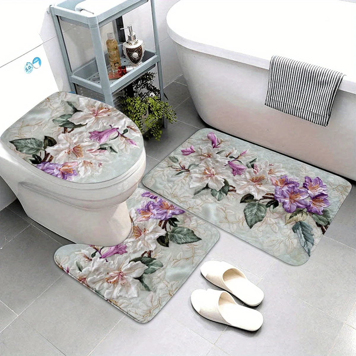 

Роскошный комплект ковриков для ванной с цветочным принтом из 3-х предметов — нескользящий впитывающий в машине, розовый, фиолетовый, 3D напольный коврик для ванной комнаты, туалета