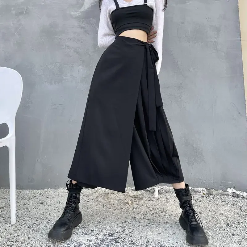 Harajuku Fake Two-piece Baggy Pants Women Spring Summer New High Waist Irregular Black Wide Leg Pants Streetwear