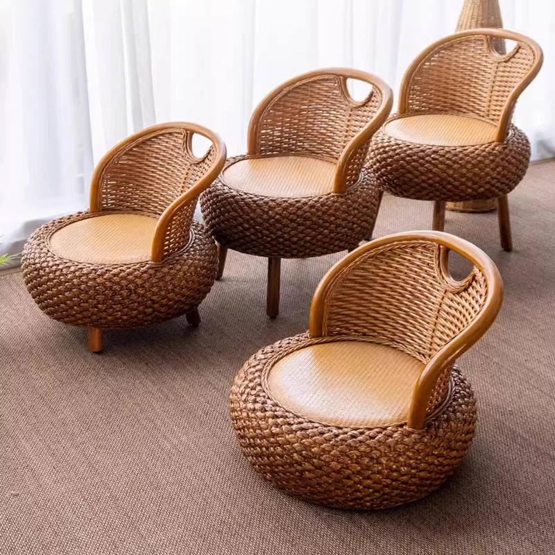 Natural Rattan Armchair with Back Support Woven Patio Dining Chair Balcony Single Seater Comfy Lounge Chair for Long Sitting