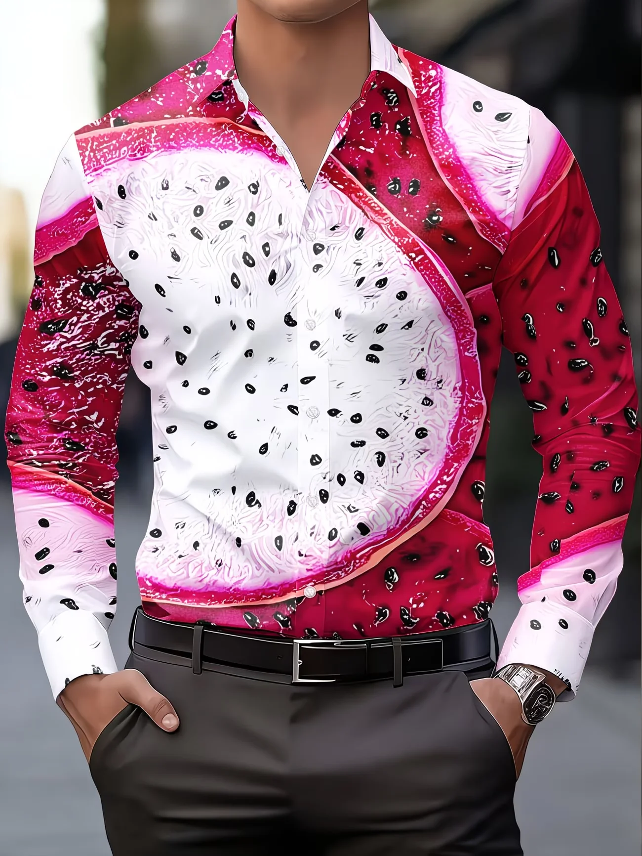 New Dragon Fruit 3D Fruit Printed Men's Long Sleeve Shirt Trendy Style Fake Casual Flower Shirt Clothing