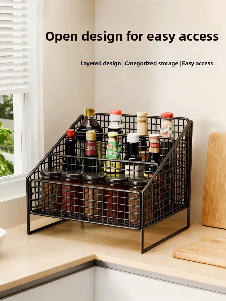 

Multi-Functional Desktop Storage elf Layered Bottle Holder Plastic Iron Surface No Drilling Kitchen Spice Organizer