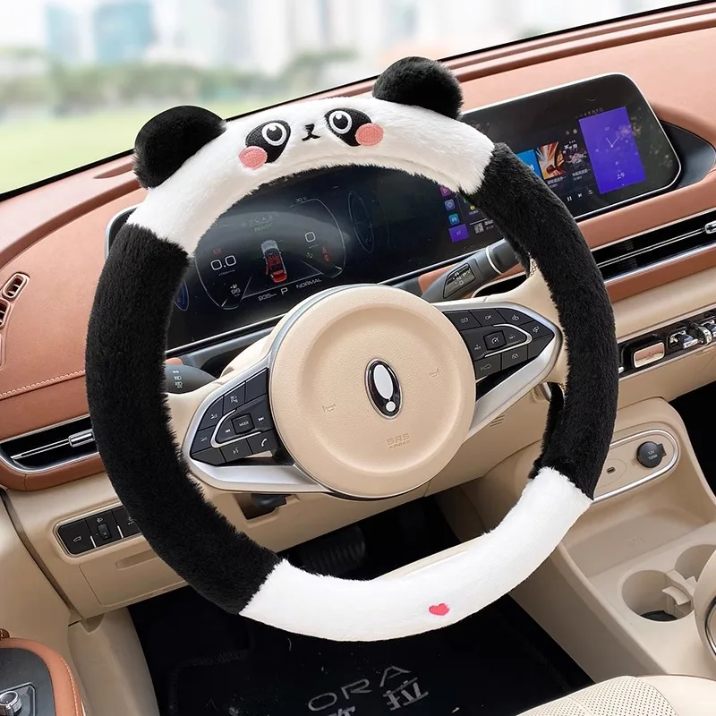 Warm Plush Car Steering Wheel Cover Protector Cute Cartoon Plush Panda Steering Wheel Cover Interior Decoration