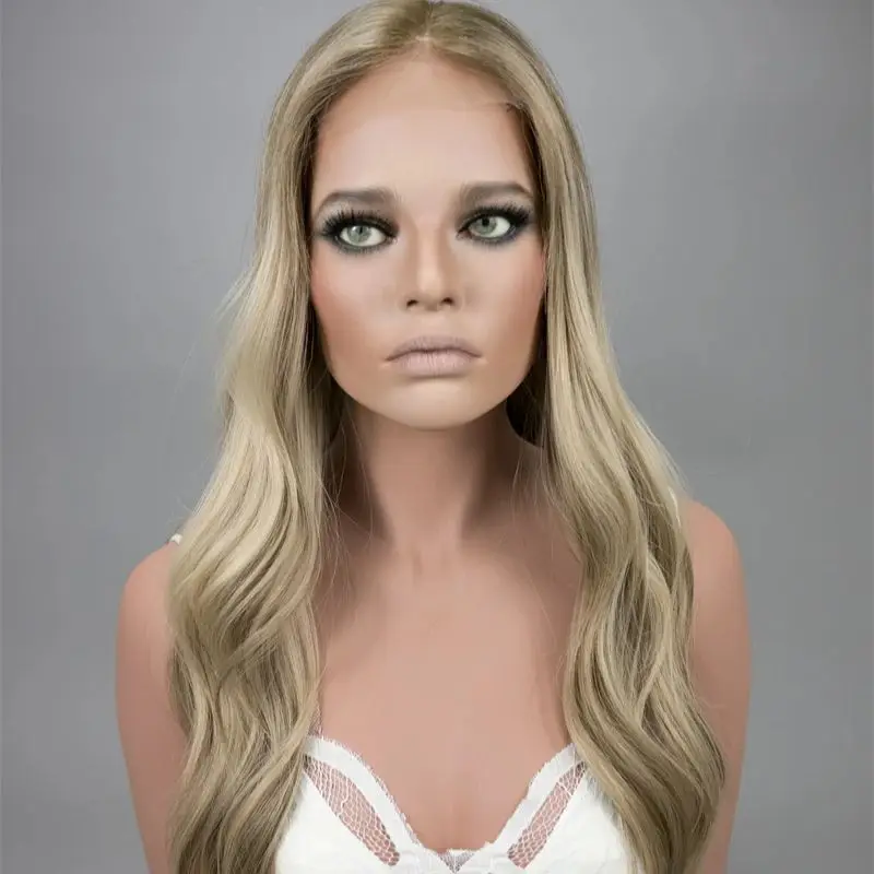 Preplucked Hairline 13x4 Middle Part Ombre Ash Blonde Synthetic HD Lace Front Wig Heat Resistant Cosplay Small Large Size Cap