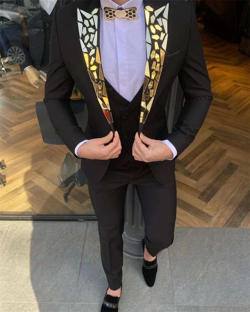 

Black Men Suit Blazer+Pants+Vest 3 Pcs Sequins Wedding Tuxedo Formal Office Prom Dress Business Jacket Coat Custom Made