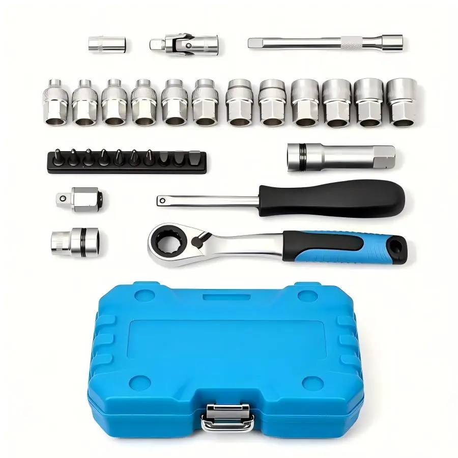 29pcs Hollow Pass-Through Ratchet Wrench Set Reversible 12 Point Socket Bits Extension Bar Adapter Repair Tool Kit