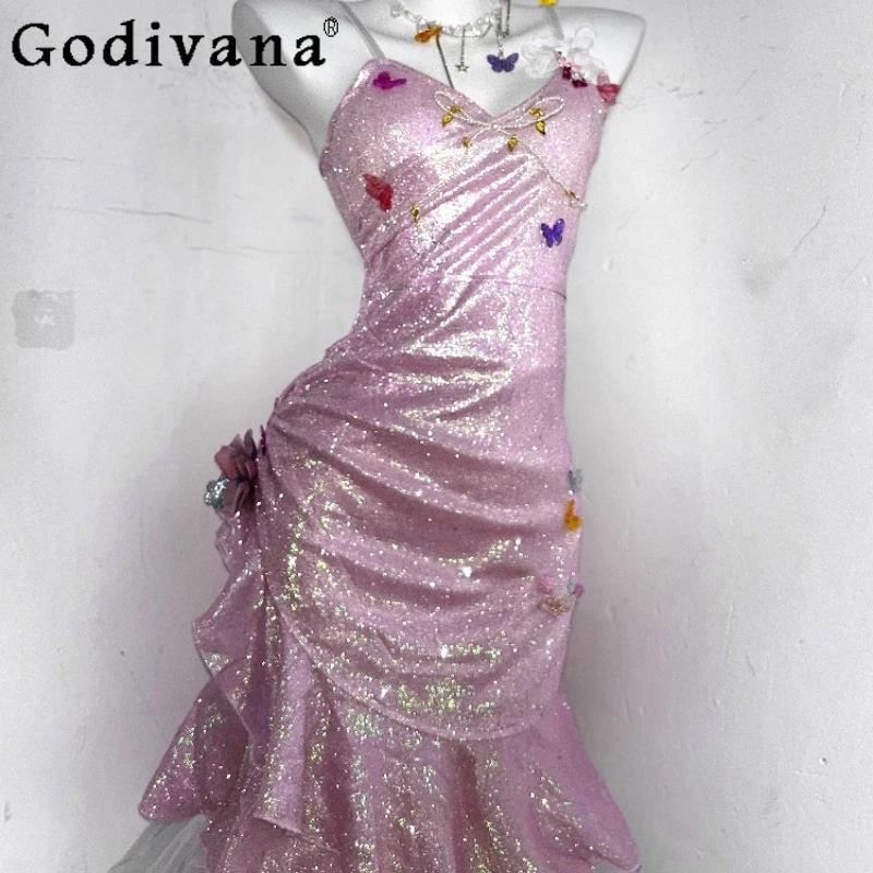 

Original Sequins Cherry Blossom Pink Dress Women Princess Fishtail Butterfly Dress Female Sleeveless Fairy Lolita Dress
