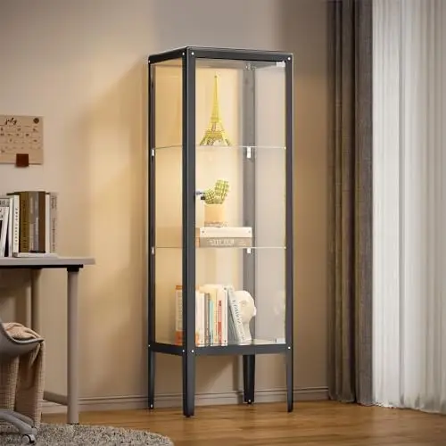 Glass Display Cabinet with Adjustable 3-Shelf Shelves, Glass Cabinet with Lock and Door, LED Light, Curio Cabinets Metal Storage