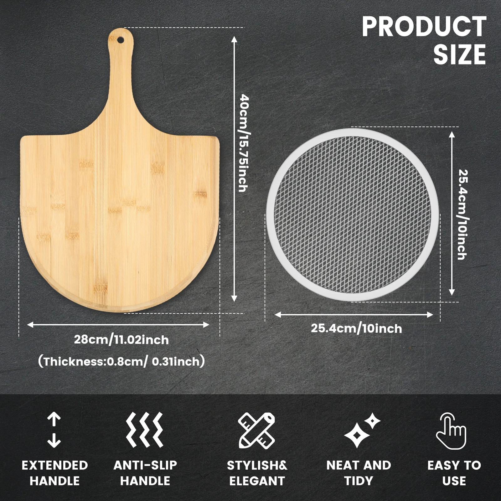 Pizza Peel and Screen Set Bamboo Pizza Paddle with Handle Lightweight Pizza Board Smooth Pizza Spatula Paddle Multipurpose Pizza