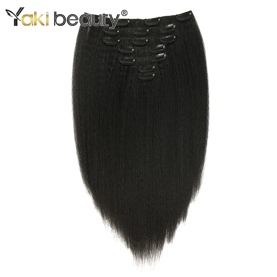 Synthetic Hair Yaki Clip In Hair Extensions 14inch Yaki Straight 7Pcs/set 16Clip-In Hairpieces Kinky Straight For Black Women