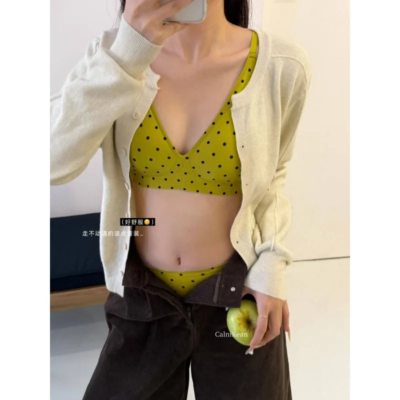 Amerikanischen Retro Polka Dot Dessous Set Nahtlose Tiefe V Bh Drahtlose Gelee Weiche Unterstützung Anti Durchhängen Sexy Komfort Frauen MOYISU Bh