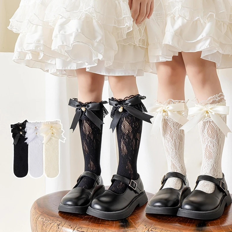 

Носки в стиле Лолиты для девочек, летние тонкие дышащие кружевные детские носки с оборками, корейские модные милые носки принцессы с бантом и жемчугом