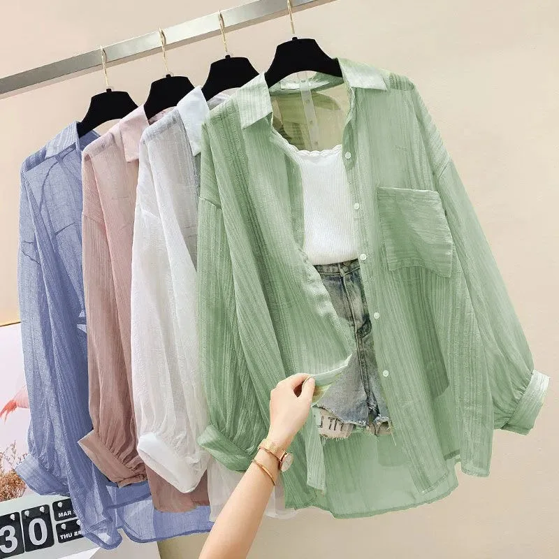 

Women's Open Cardigan Thin Summer New Loose Sle Sun Protection Irt Korean Version Casual Long Sve Collar Irt