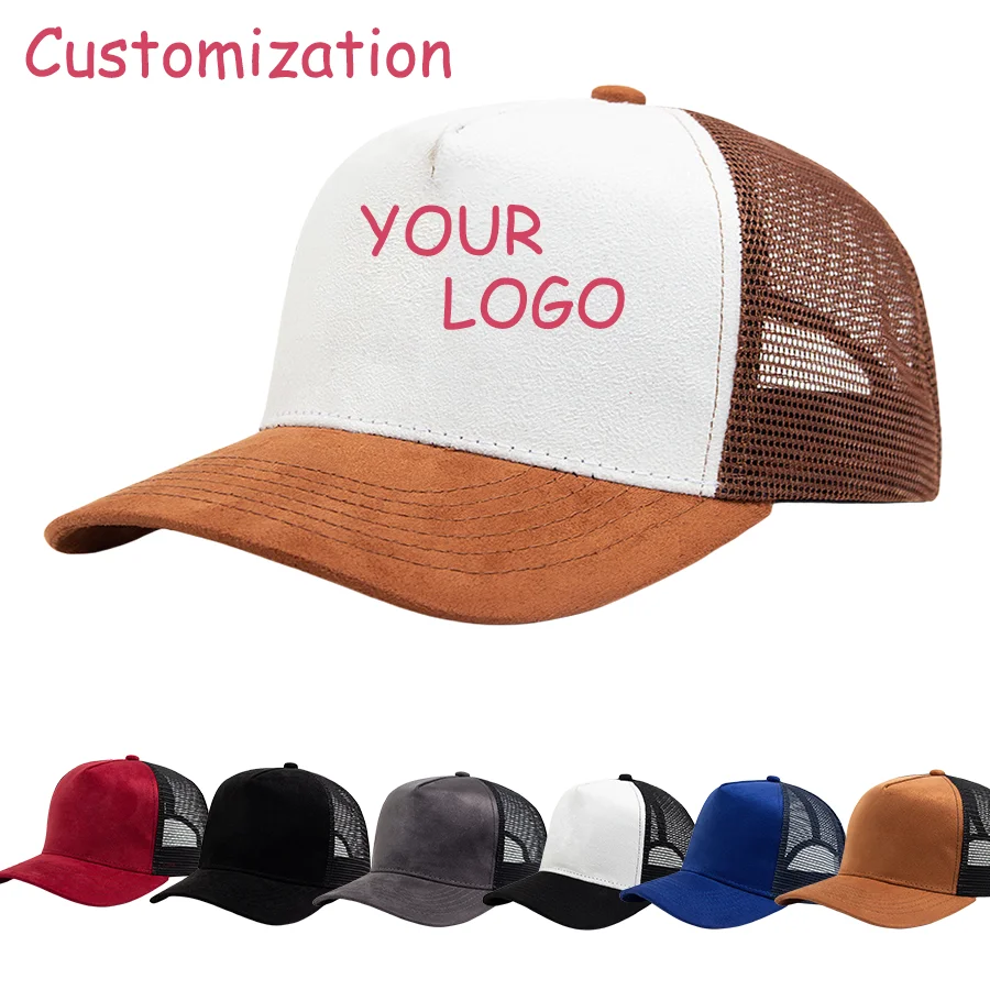 

Unisex 5 panel Mesh Suede Trucker Hat Custom Print Logo Men Baseball Cap Spring Summer Breathable Sports Hats Women gorros