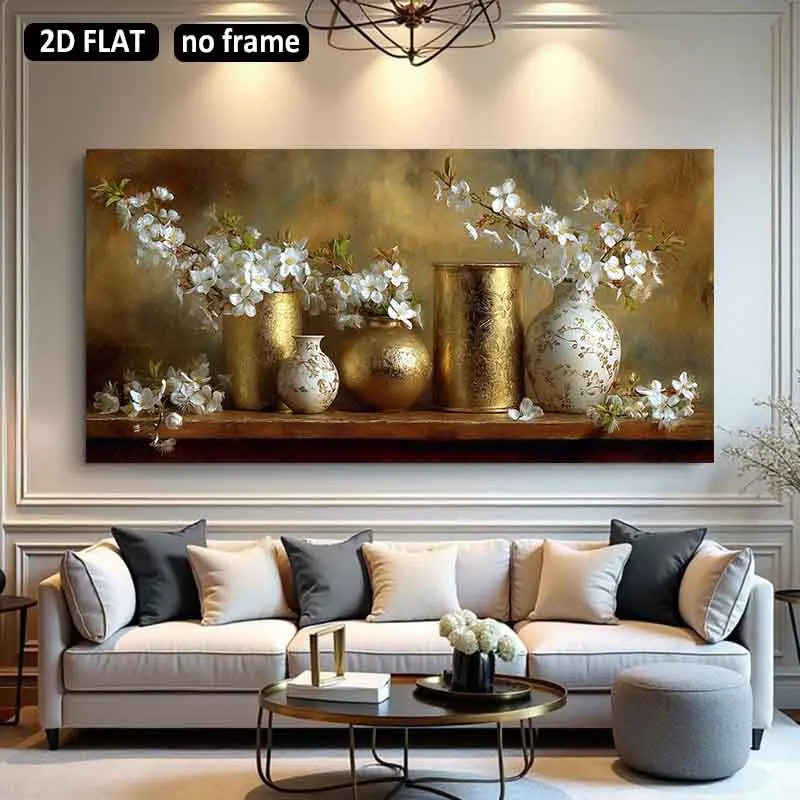 2D плоская картина без рамы, 1 шт., 50*100 см, элегантные цветочные композиции в золотых вазах с белыми цветами