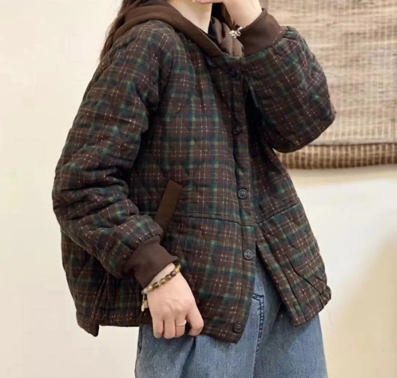 2025 Retro Checkered Hooded Cotton Jacket for Women's Winter Look Thin  Lightweight  and Warm Cotton Jacket