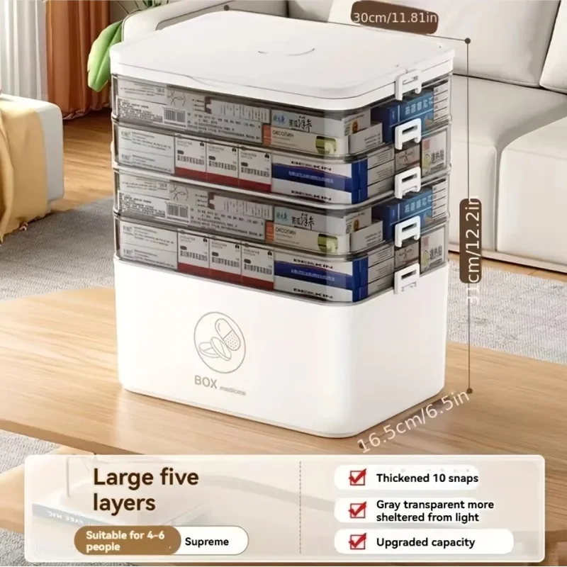 5-Tier Multi Layer Home Medicine Organizer Box, Compact Leak-Resistant Emergency First Aid Storage Case for Family