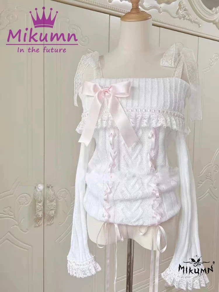 Mikolumn kobiety Y2k urocza koronka sweter z dzianiny japoński styl Lolita w stylu Vintage Kawaii głęboki dekolt różowa wstążka kokardka sweter na