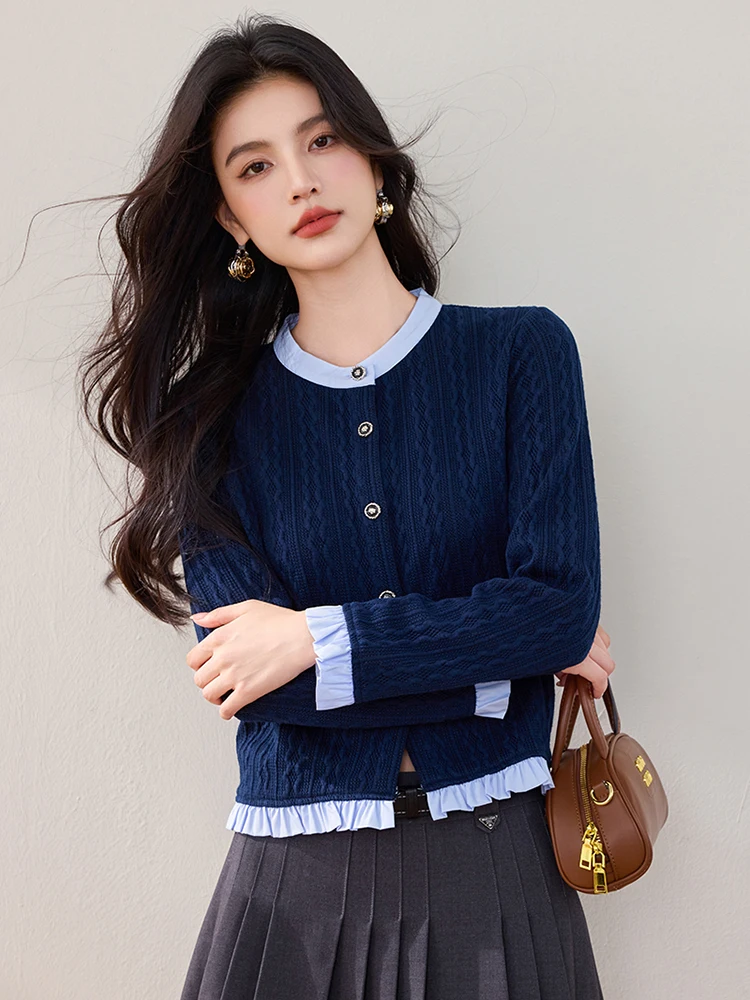 Fake Two-piece Knitted Cardigan 2024 Autumn New Contrast Color Tops Korean Fashion Loose Long Sleeved Sweater Women Tops