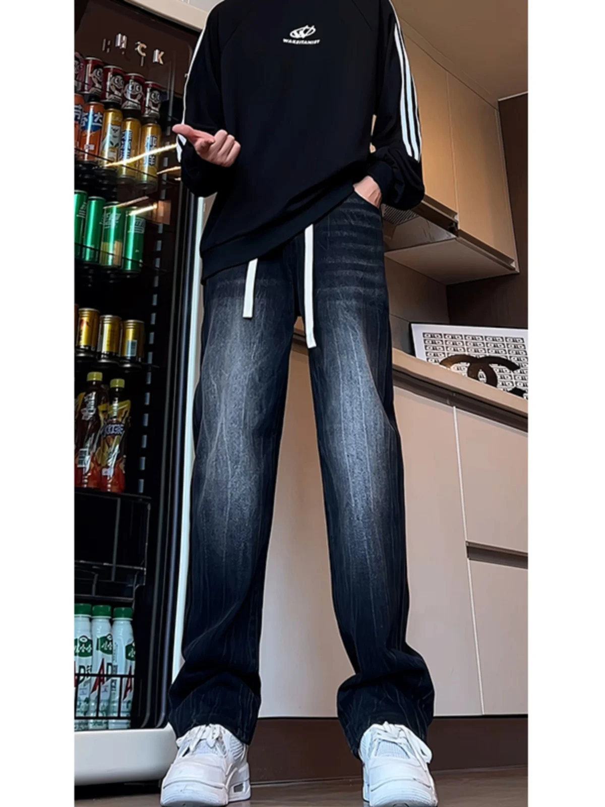 

Graduated Grey Black Bamboo Denim Jeans Men's American High Street Vibe Elastic Waist Straight Leg Slimming Micro Flared Pants