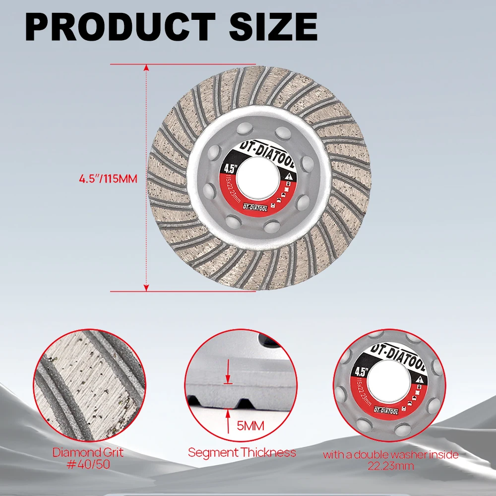 DT-DIATOOL Diamond Grinding Disc 115mm/4.5inch Diamond Segmented Cup Grinding Wheel Discs for Concrete Brick Hard Stone