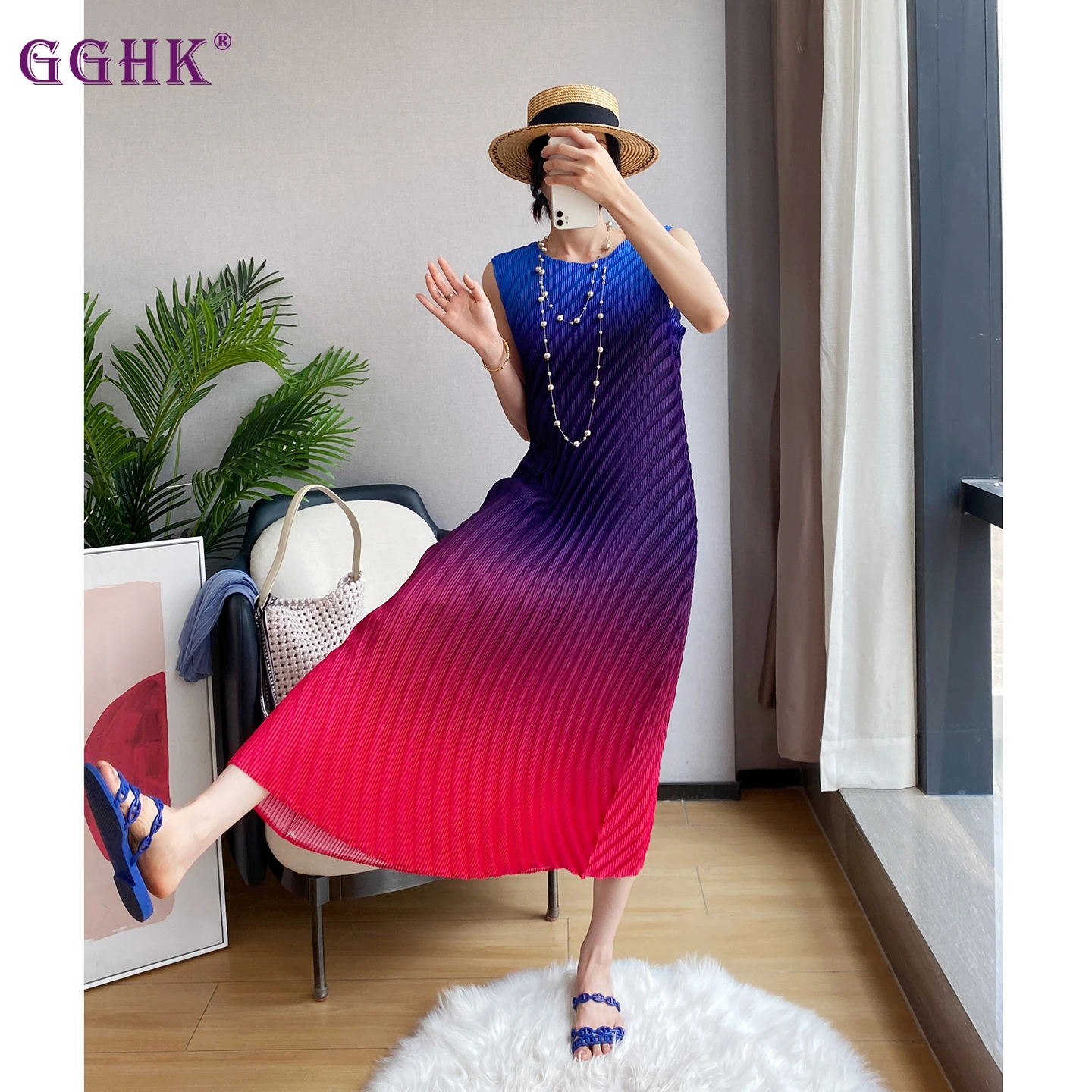 

GGHK женское летнее плиссированное платье без рукавов с градиентом, свободное струящееся платье для пляжа, отдыха, вечеринки, коктейля, вечерние, повседневный наряд