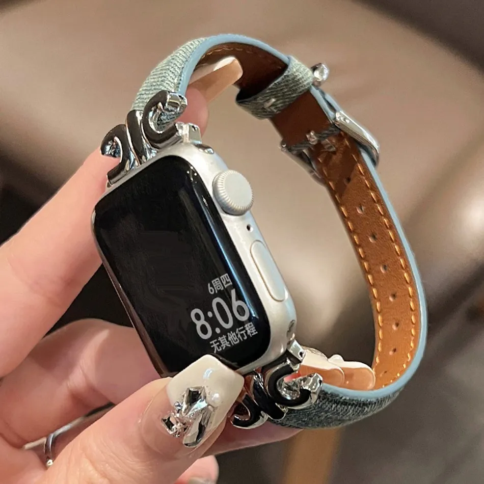 Denim Leather Strap For Apple Watch Series 9 8 7 6 SE 5 45/44/42/41/40/38mm Luxury Metal C Connect Bracelet IWatch Ultra 2 49mm