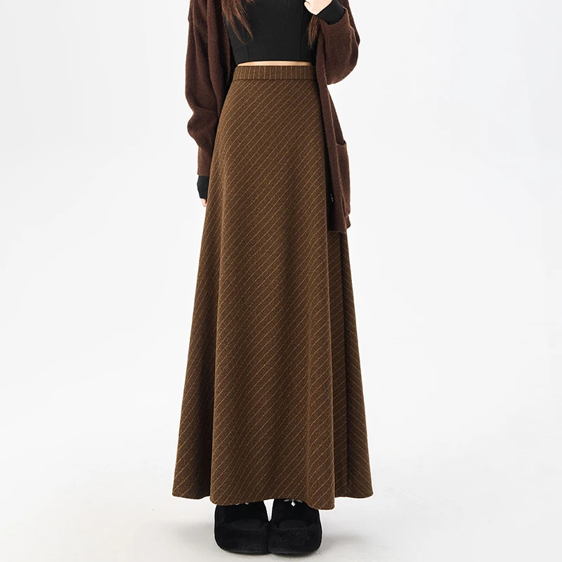 

Women's High-Waisted A-Line Woolen Blend Skirt Striped Long Skirt for Women 2025 Fall Winter Fashion Skirts