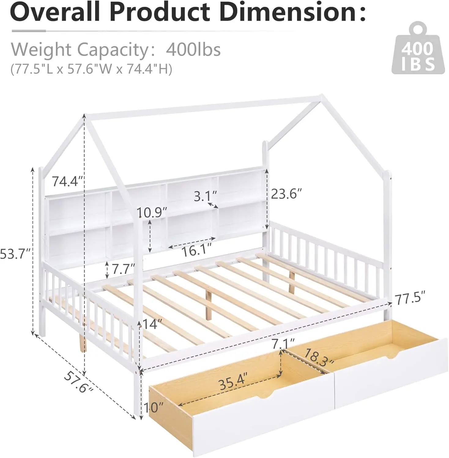 Full Size House Bed For Kids, Montessori Platform Bed Frame With 2 Drawers And Storage Shelves, Twin Bed Frame With Headboard