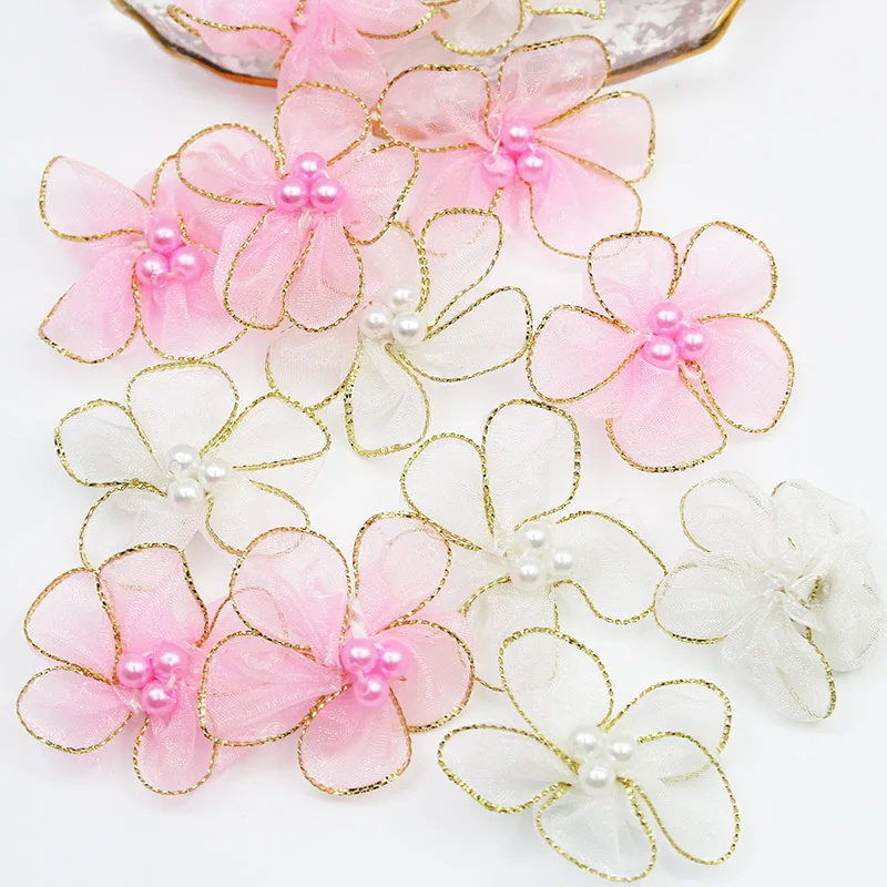 (30 Stück/Packung) 3,5cm Fünfblättrige Perlenblume Handgemachte Blume mit Goldrand Schneegaze Fünfblättrige Blume Nagelperle Handgemachte Dekoration