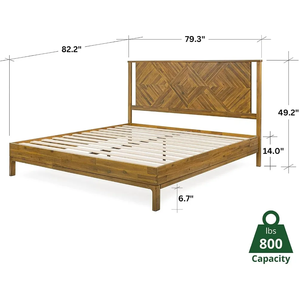 King Bed Frame with Diamond Headboard - Rustic & Mid-century Modern - Acacia Wood Platform Bed - Compatible