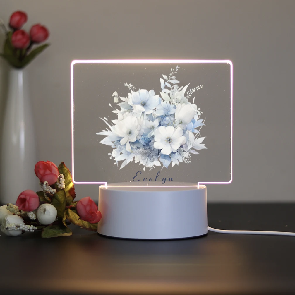 1 USB night light Blue Bouquet Pattern Acrylic LED Night Light 3D Touch LED Night Light Bedroom Decoration Birthday Gift