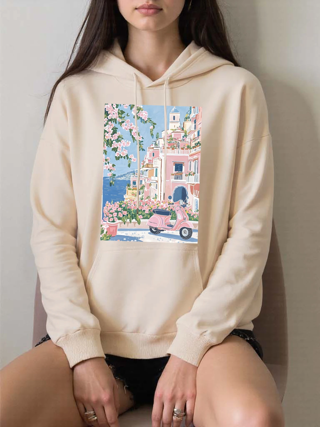 

Розовый цветок, морской городской пейзаж, женская толстовка с капюшоном в стиле Харадзюку, осенняя уличная одежда, разноцветные флисовые пуловеры, толстовки с карманами