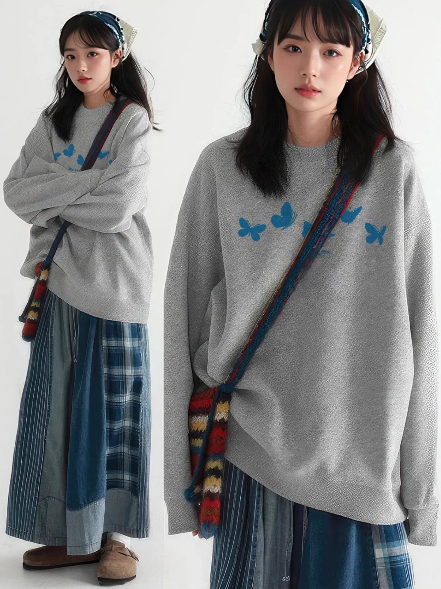 

Gray round Neck Fleece Lined Thickened Loose Fit Women's Sweatshirt Autumn Winter Casual Style Long Sleeve Hoodless Top