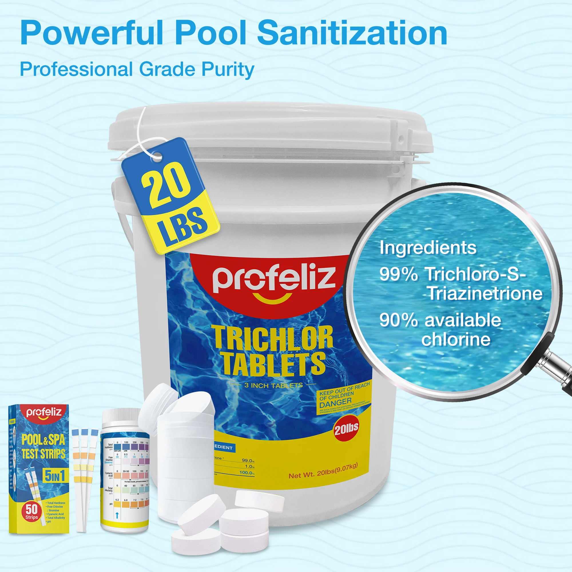 PROFELIZ Chlorine Tablets 3 Inch & Test Strips Kit ,20lb