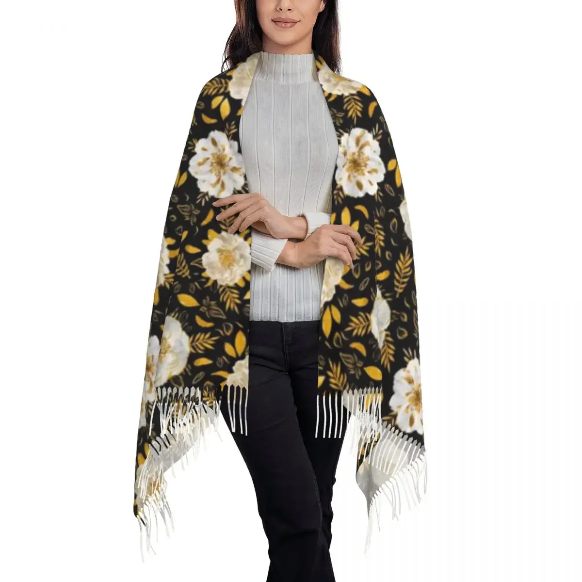 شال الزهور الذهبية والأوراق وشاح شرابة