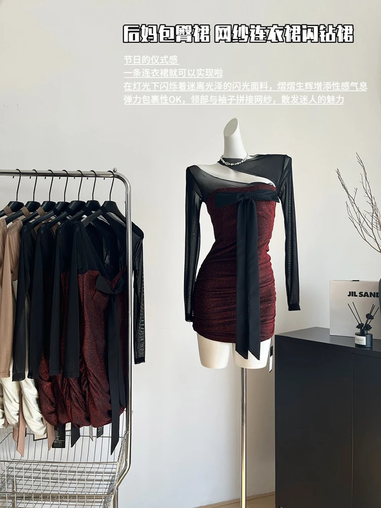 

Женское Сетчатое платье в стиле ретро, облегающее ажурное платье контрастных цветов с запахом и бантом на бедрах, шикарное дизайнерское платье