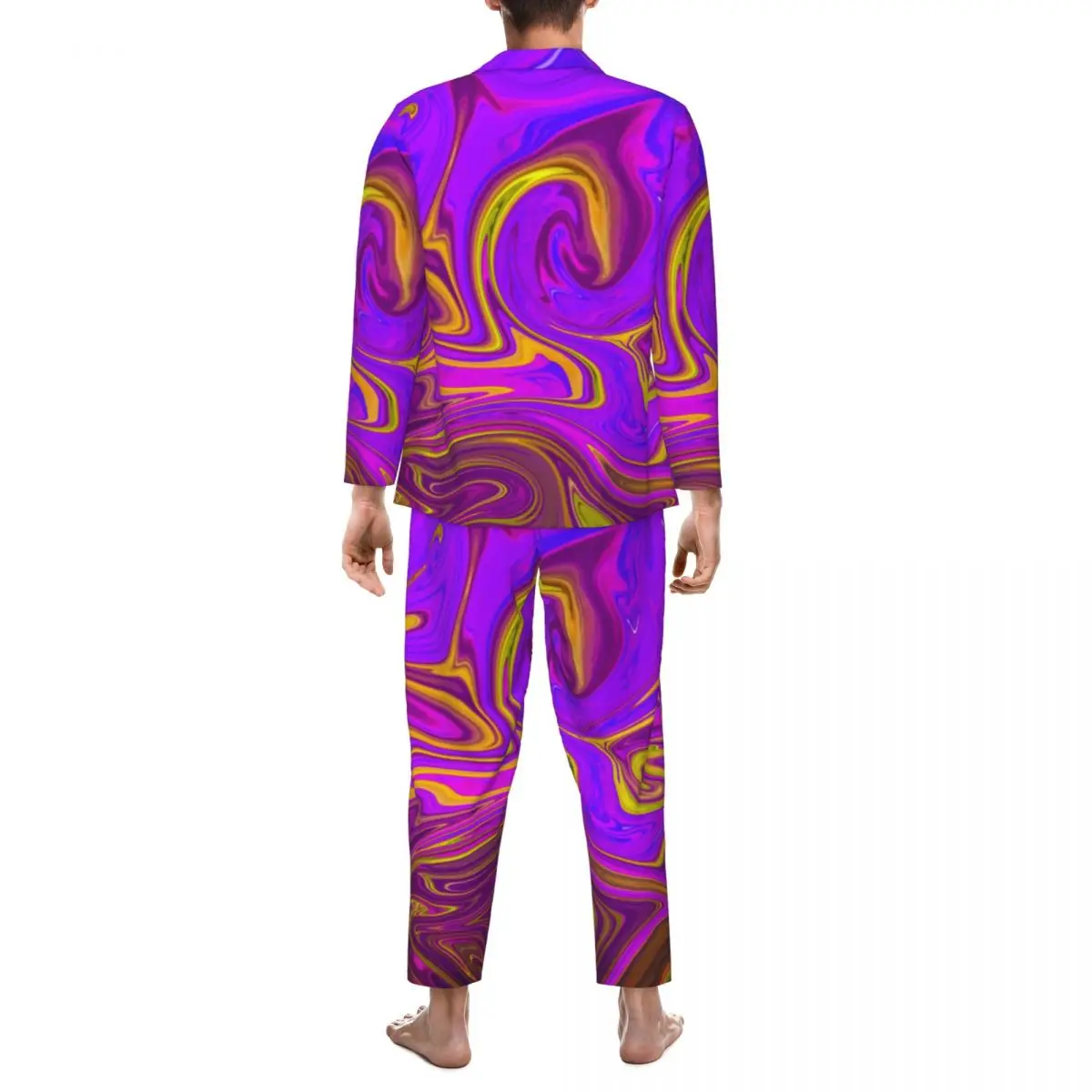 Pyjama Heren Neon Vloeibare Print Slaap Nachtkleding Abstract Ontwerp 2-delige Casual Pyjama Set Lange Mouw Trendy Oversized Thuispak