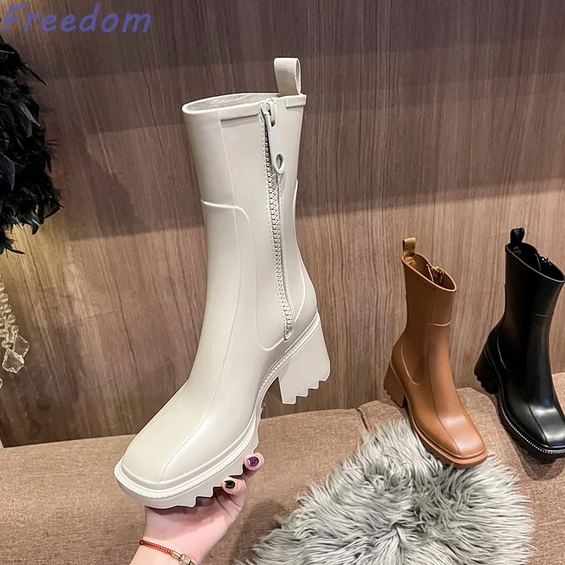 Women\'s Fashion Two-Wear Jelly High Heels Thick Sole Side Zipper Mid-calf Boots Increased Black Anti-Slip Waterproof Rain Shoes