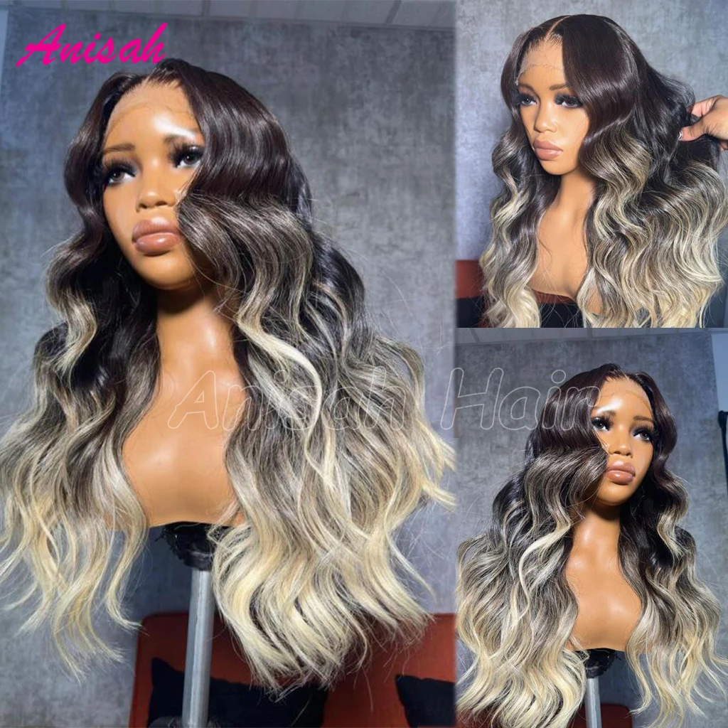 

Ombre Highlight Blonde Lace Front Wigs Human Hair Wavy Glueless Lace Frontal Colored Wig HD transparent Closure Human Hair Wigs