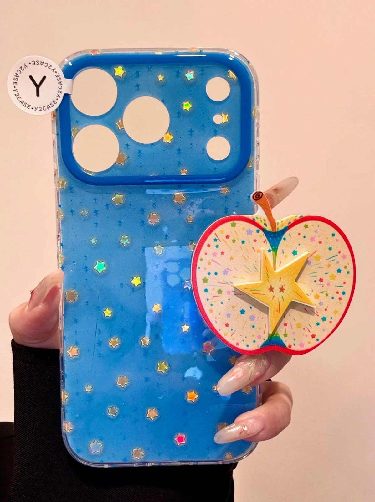 Star Apple Blue Case with Apple Grip & Beaded Charm, Kawaii Y2K Sparkly Blue Clear Cover iPhone 17 16 15 14 13 Pro Max