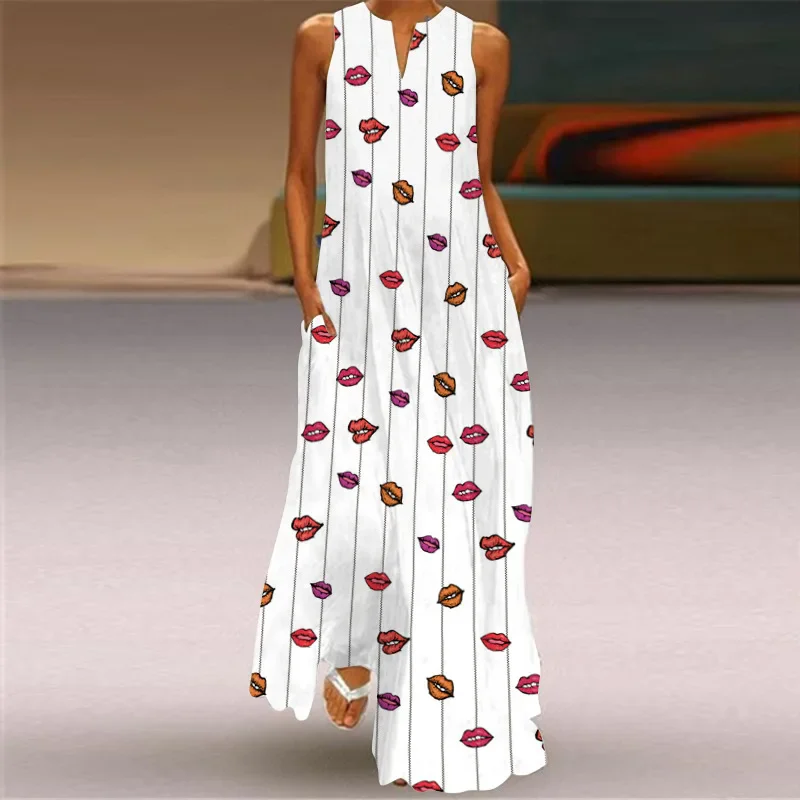 Frauen Herz Druck Kleider Sexy Ärmellose V-ausschnitt Sommer Boho Strand Party Kleid Sommerkleid Casual EINE Linie Lose Lange Maxi Kleid Robe