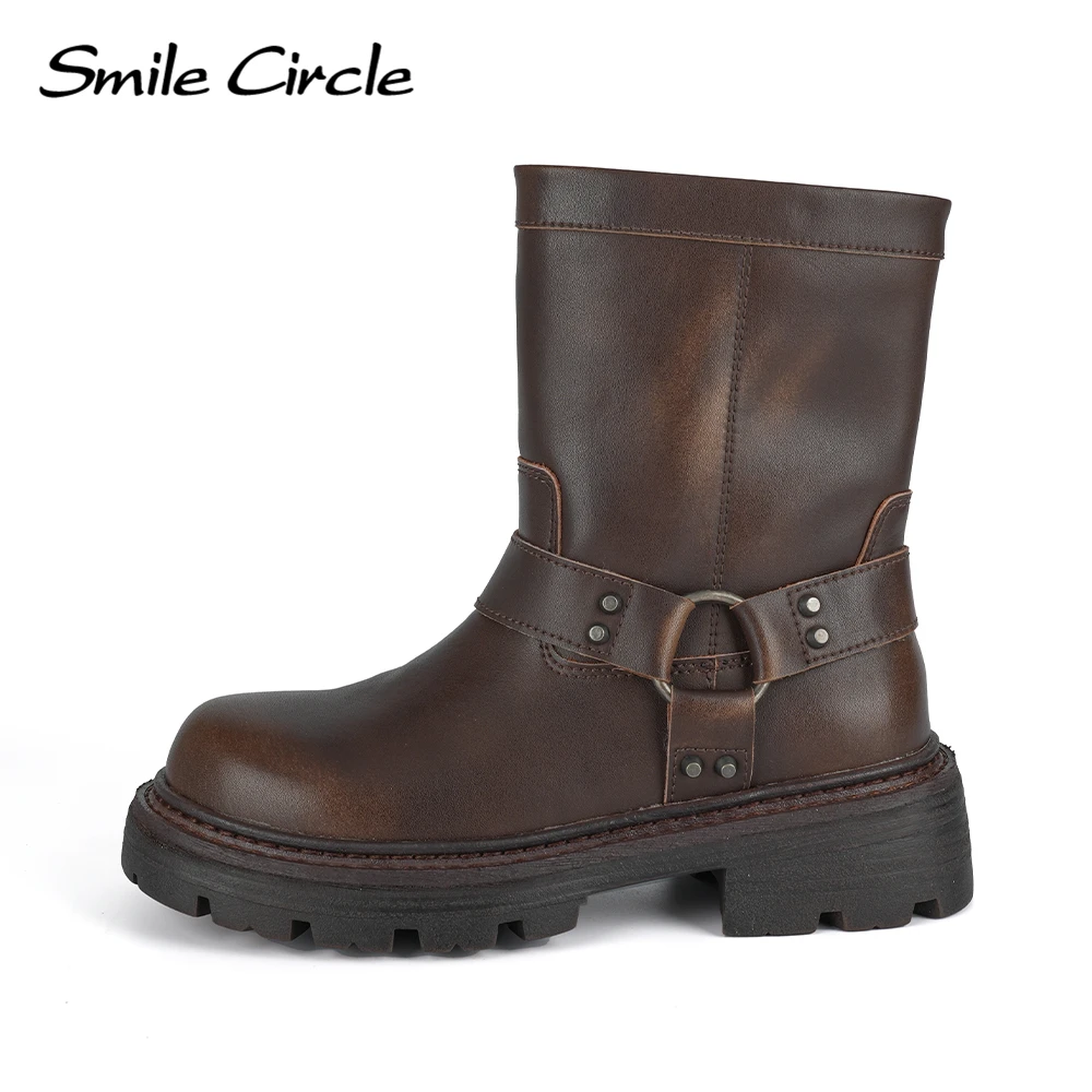 Smile Circle Women\'s Boots Genuine Leather Retro Chunky Boots