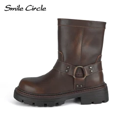 Smile Circle Women's Boots Genuine Leather Retro Chunky Boots