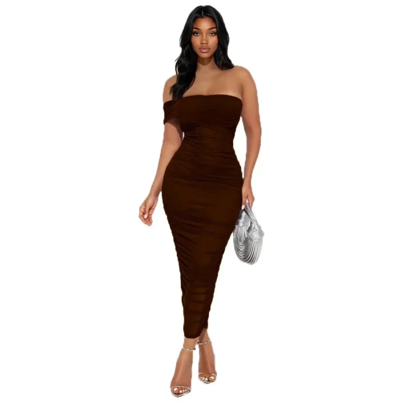 Fashion women's off shoulder double layered skirt long without shoulder straps or back, tight and pleated party dress