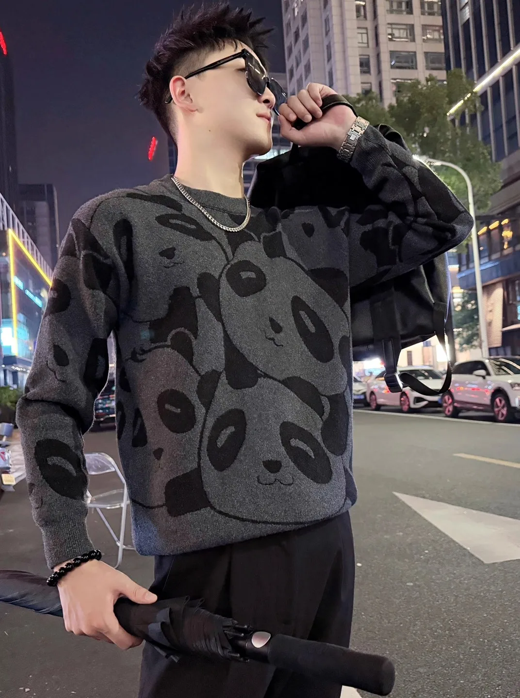 

Новый осенне-зимний мужской вязаный свитер с модным дизайном панды, теплый базовый слой, из полиэфирного волокна, повседневный стиль