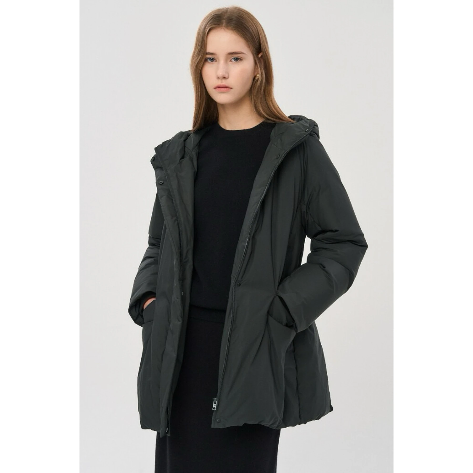 Casual citroenkaas halflange capuchonjas met riem Eenvoudig woon-werkverkeer Sle Ganzendonsjas voor dames Rechte snit Lange Sve