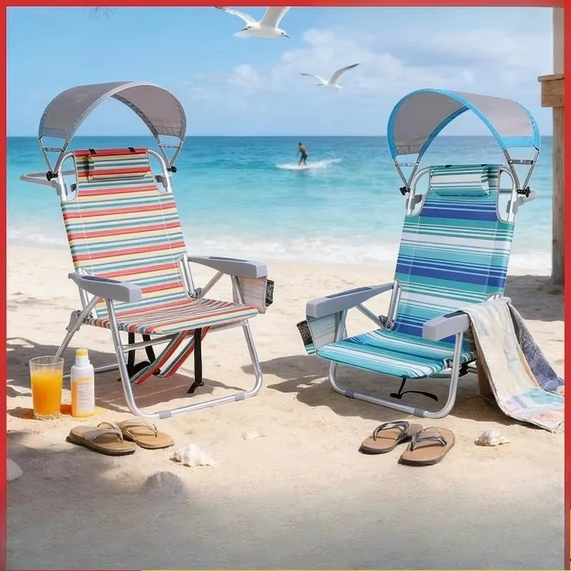 Folding Canopy Beach Lounger, Outdoor Camping Portable Adjustable Awning Chair, Sit‑and‑Lie Reclining Backrest Chair
